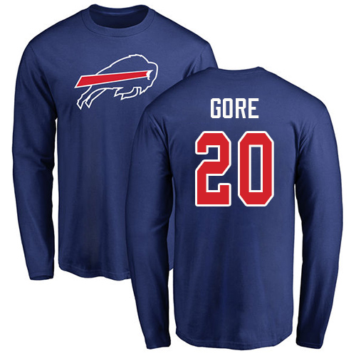 Men NFL Buffalo Bills #20 Frank Gore Royal Blue Name and Number Logo Long Sleeve T Shirt